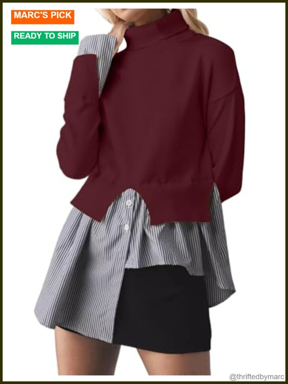 Slit Turtleneck Patchwork Sweater 2 in 1 Buttons Down Pullover Knit